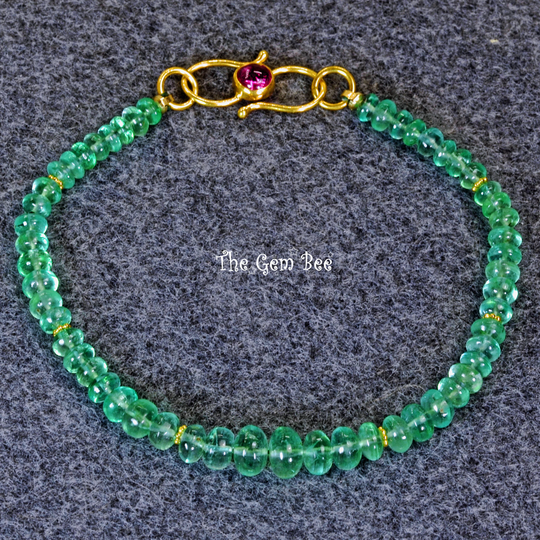 Fine Colombian Emerald Smooth Rondelle 18K Solid Yellow Gold Pink Rubellite Tourmaline Bracelet 7.2"