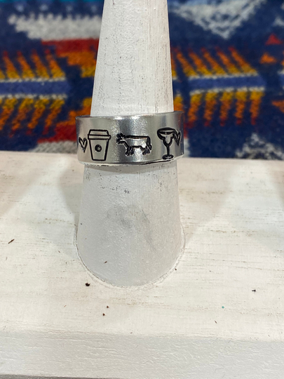 Coffee Cows Cocktails Hand Stamped Ring, Coffee Ring, Cow Cocktails Farm Cattle Jewelry, Western Inspired, Ring