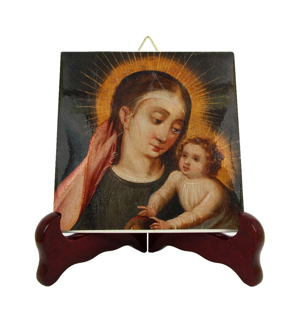 Madonna & Child - Religious Icon On Tile Handmade in Italy Blessed Virgin Mary Sacred Art Catholic Gift Idea Mother Flemish