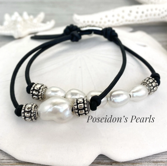 Pearl & Leather Wrap Bracelet For Women, Popular Boho Chic Style, Silver Beads On Black With Pearls Jewerly, Spanish Zamak Bead