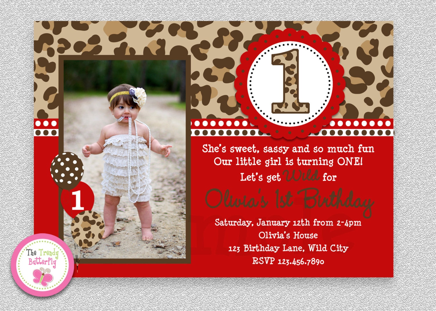 Cheetah Birthday Invitation , Girls Leopard Invitation, Party, 1st