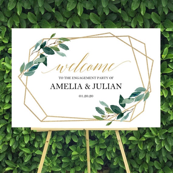 Engagement Party Rehearsal Dinner Wedding Welcome Printable Or Printed With Free Shipping - Geometric Gold Greenery Collection