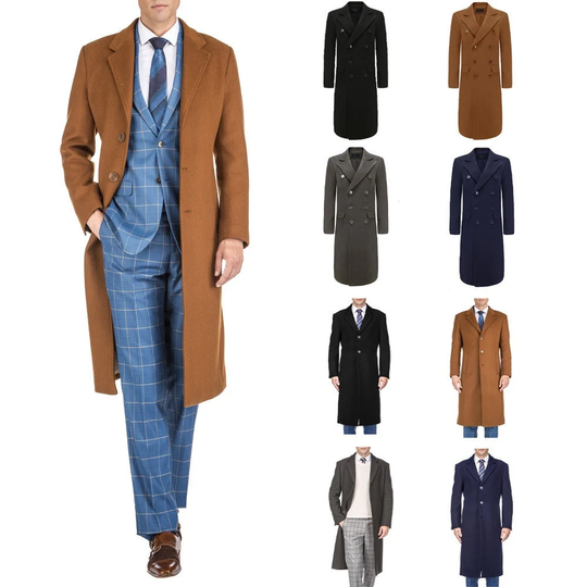 Men's Knee Length Wool Blend Three Button Long Jacket Overcoat Top Coat