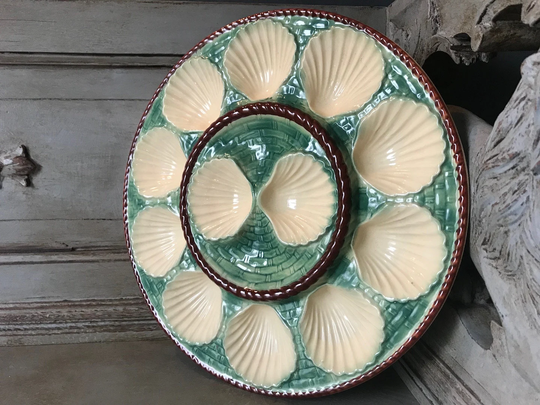 Large French Vintage Majolica Oyster Platter, Large Serving Seafood Platter, Mid-Century Tableware M1494