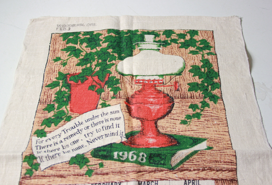 1968 Vintage Linen Tea Towel Calendar Year, Ivy & Lamp Patterned Kitchen Wall Decor Gift [B9]