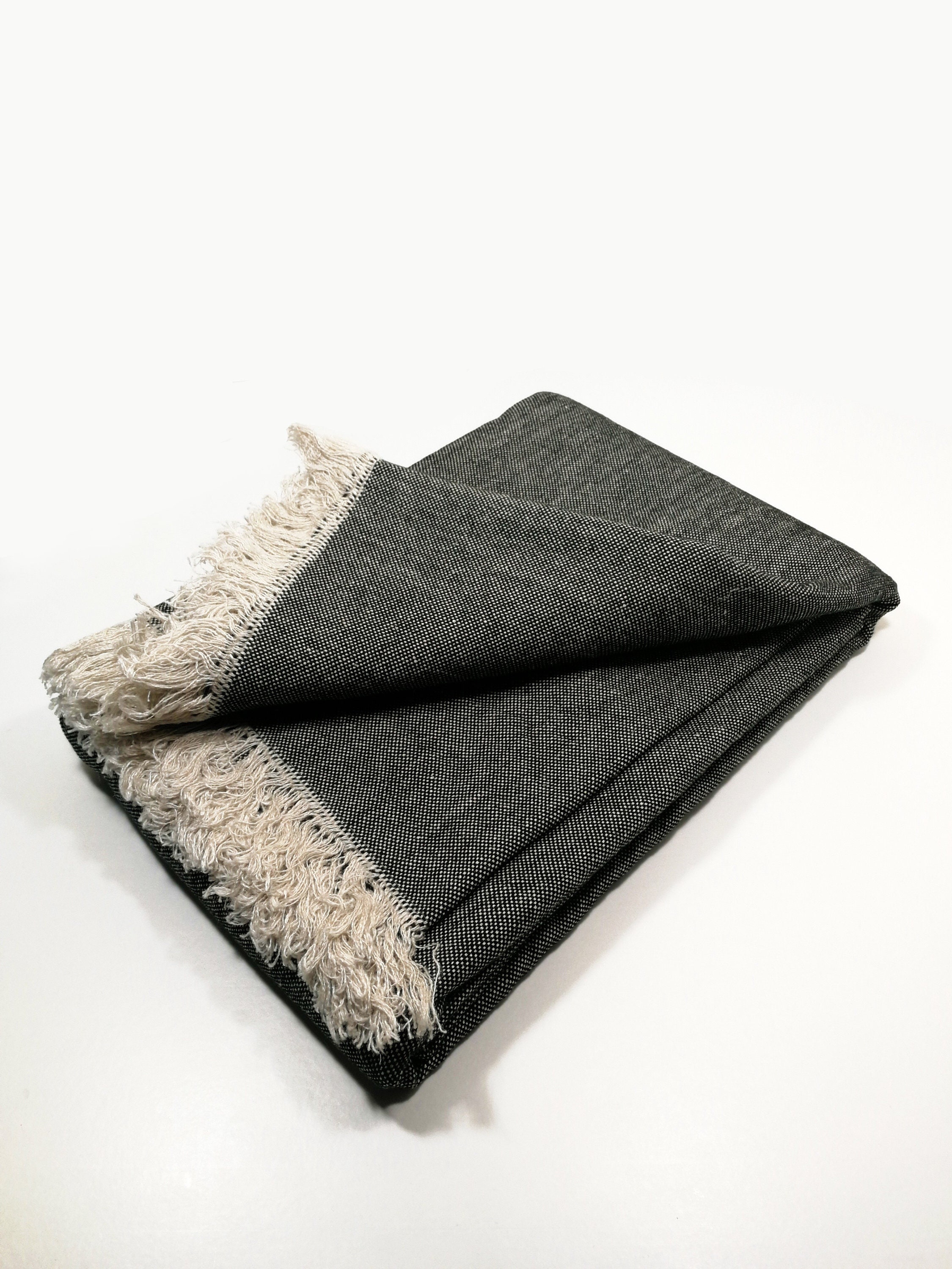 Linen Cotton Blend Blanket, Fringed Black Beige Linen Throw, Thick Heavy Large Bedspread, Sofa Bed 440 Gsm
