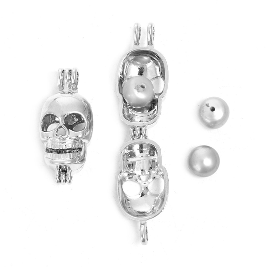 1 Silver Tone Skull Pearl Locket Pendant 27x12mm | B80J