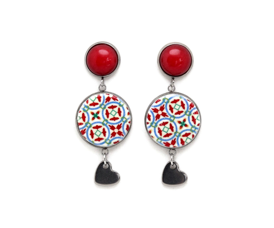 Portuguese Red Tile Earrings, Bohemian Azulejo, Anniversary Gift For Women