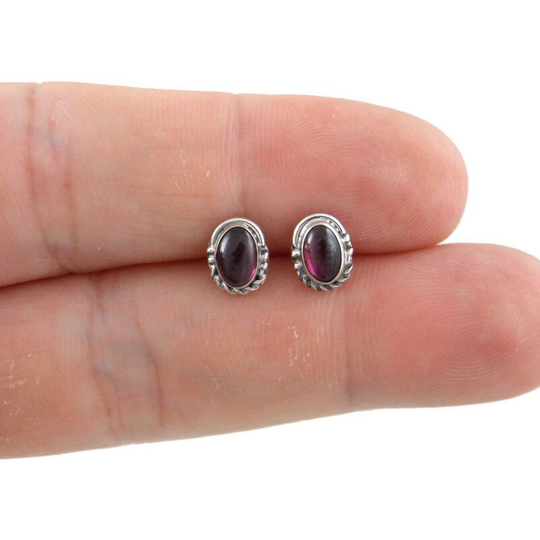 Garnet Stud Earrings in Sterling Silver, Earrings, Oval Minimalist Studs, Gemstone