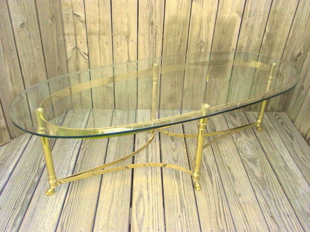 Labarge Brass Glass Coffee Cocktail Table - Hollywood Regency Hoof Top Italian French La Barge Mid Century Provincial