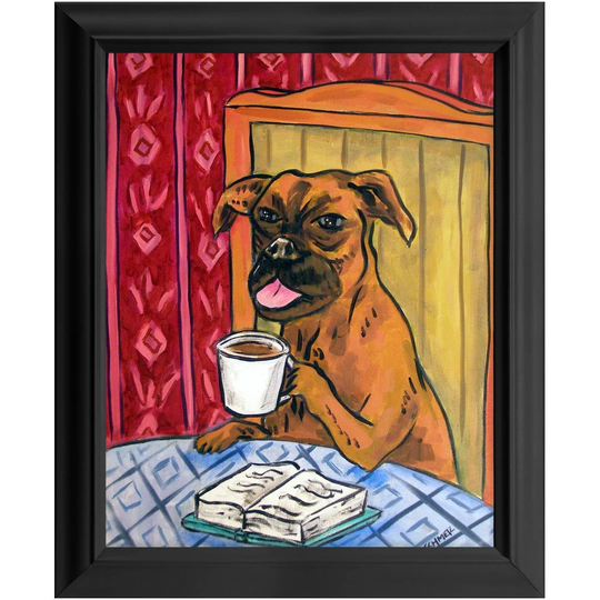 Boxer Dog Art Print At The Coffee Shop 11x14 Ready To Hang Framed Wall