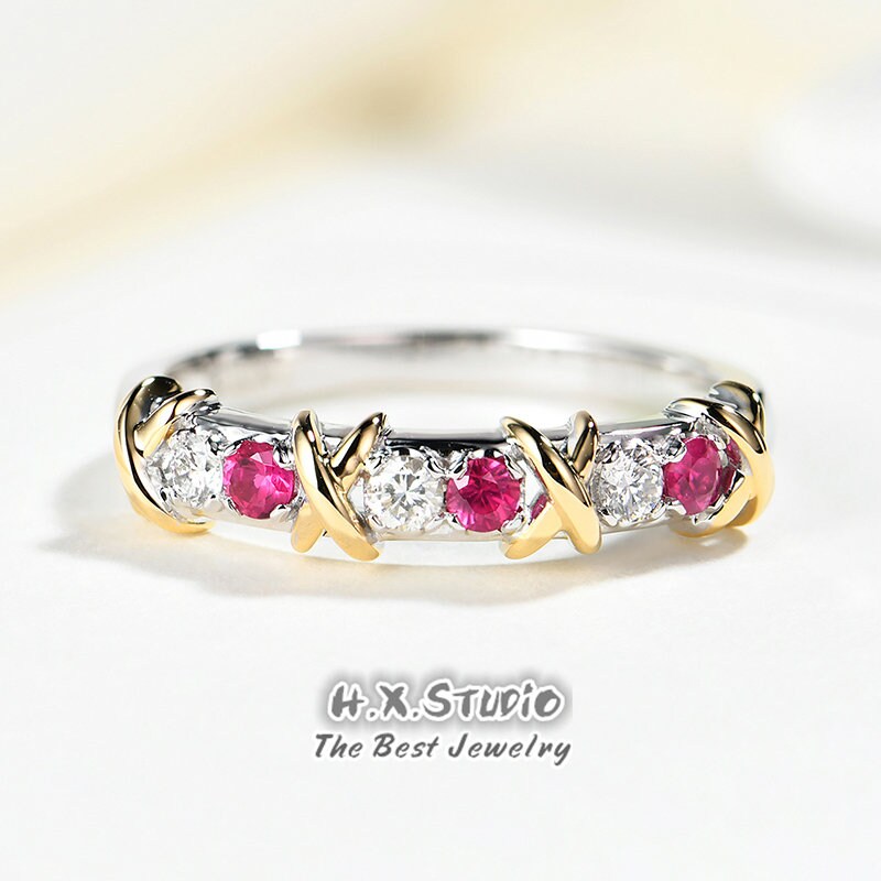 Hx Jewelry | Diamond Ruby X-Cross Wedding Ring in Solid 18K Gold/Half Eternity Crisscross Statement Ring/Valentine's Day Gift/Custom