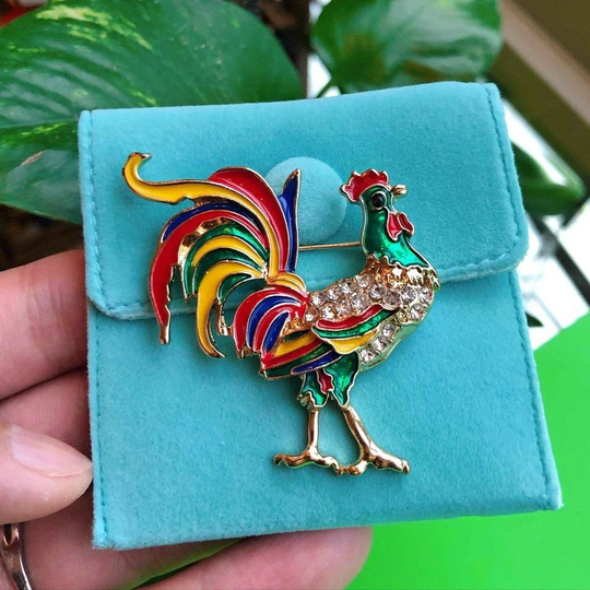 Beautiful Rooster Enamel Brooch, Pin, 2.25" X 1.75", Comes With Free Velvet Pocket
