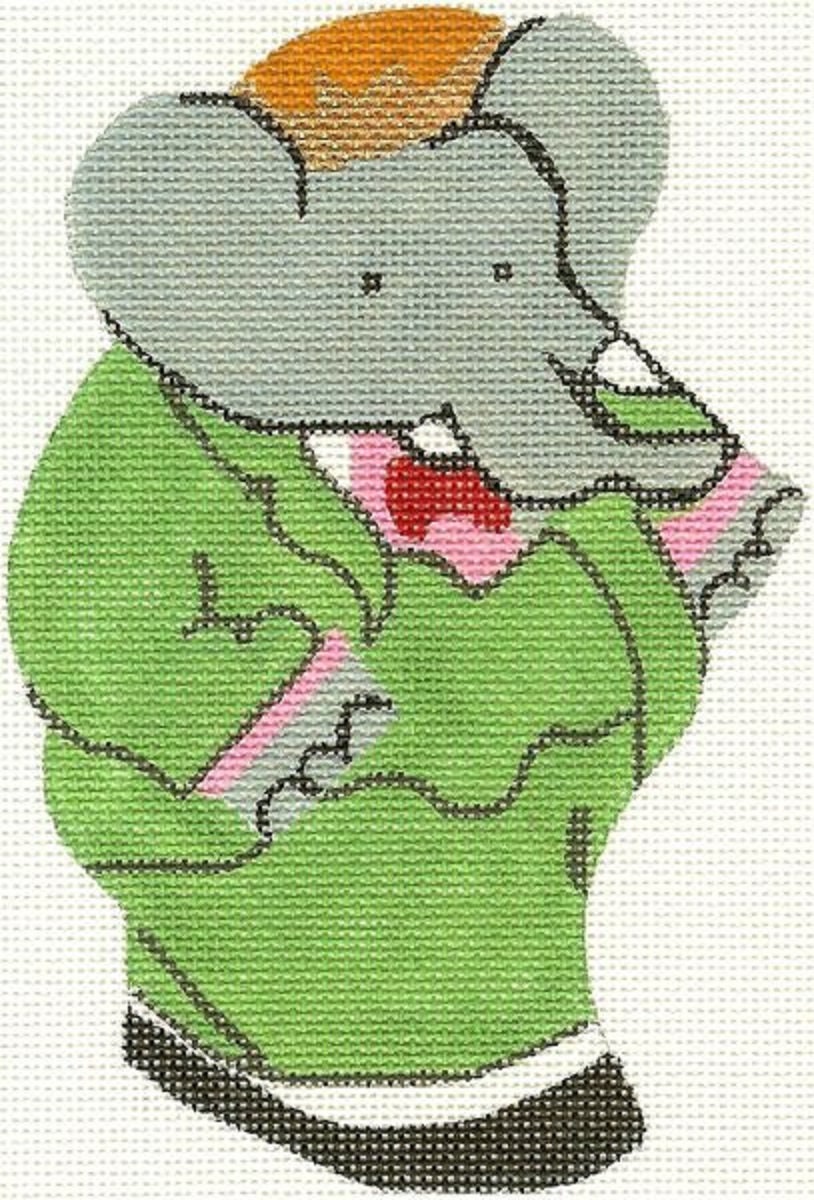 Needlepoint Handpainted Christmas Babar Ornament Silver Needle 4x7 -Free Us Shipping