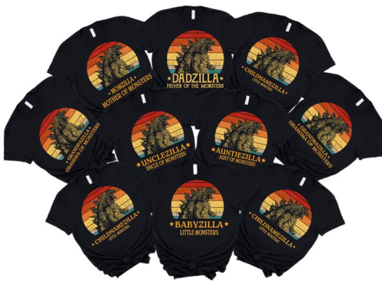 Personalize Godzilla Family Shirts, Matching Daddy, Mommy, Baby Godzilla, Momzilla, Dadzilla, Babyzilla, Shirt
