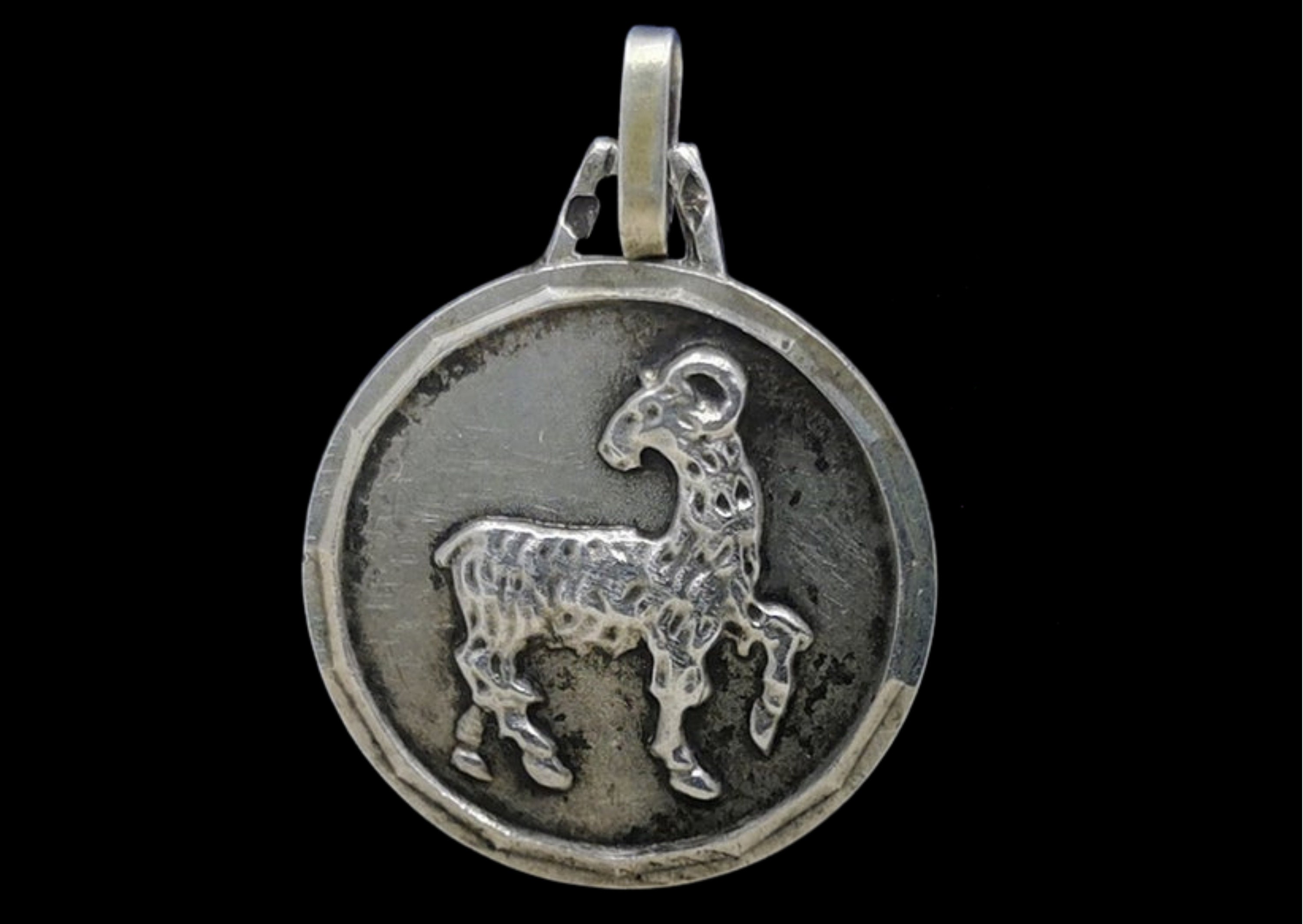 Vintage Silver Ram Pendant, French Aries Zodiac Charm