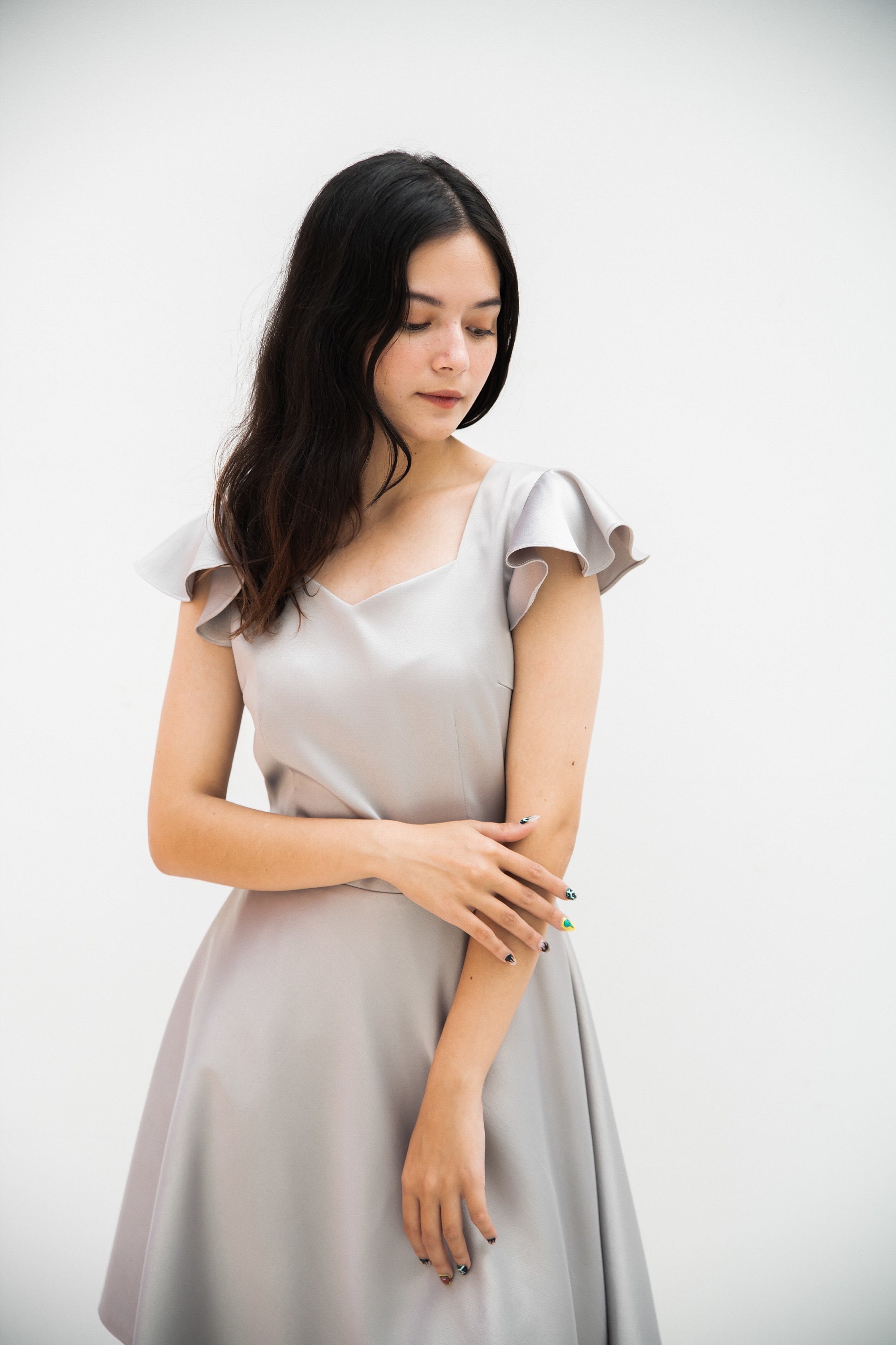 Alita - Silver Gray Ruffle Sleeve Swing Skirt Vintage Style Party Bridesmaid Sweetheart Dress Rustic Wedding Prom Victorian Event 2020
