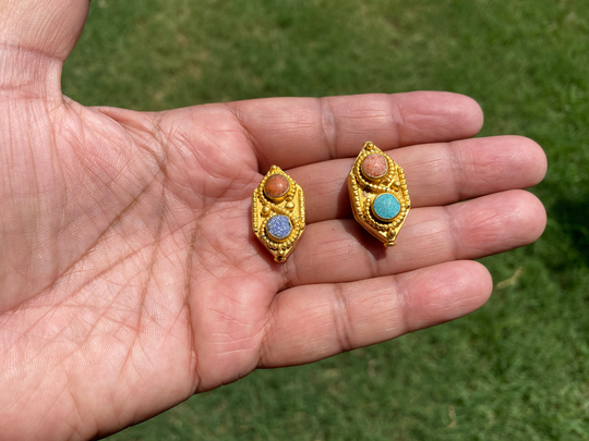 Nepal Gold Beads, High Quality Brushed Overlay Over Brass Bead With Anti Tarnish, Coral Lapis Or Turquoise Inlay For Necklace