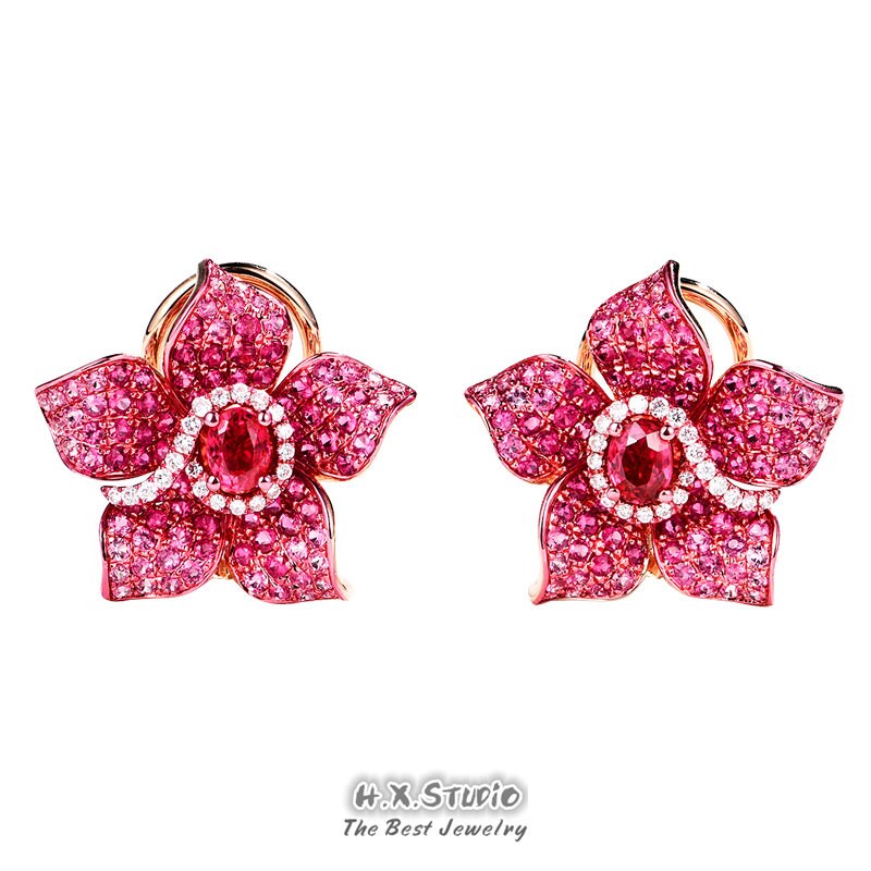 Red Flower Stud Earrings, Solid 18K Gold, Genuine Diamond, Ruby, Pink Sapphire Gemstones, Fancy Jewelry, Gift For Hers, Holiday, Customization