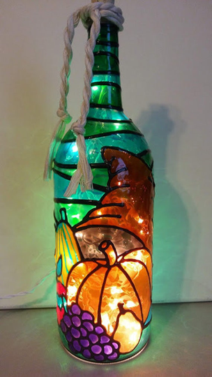 Thanksgiving Wine Bottle Lamp Hand Painted Stained Glass Look Large