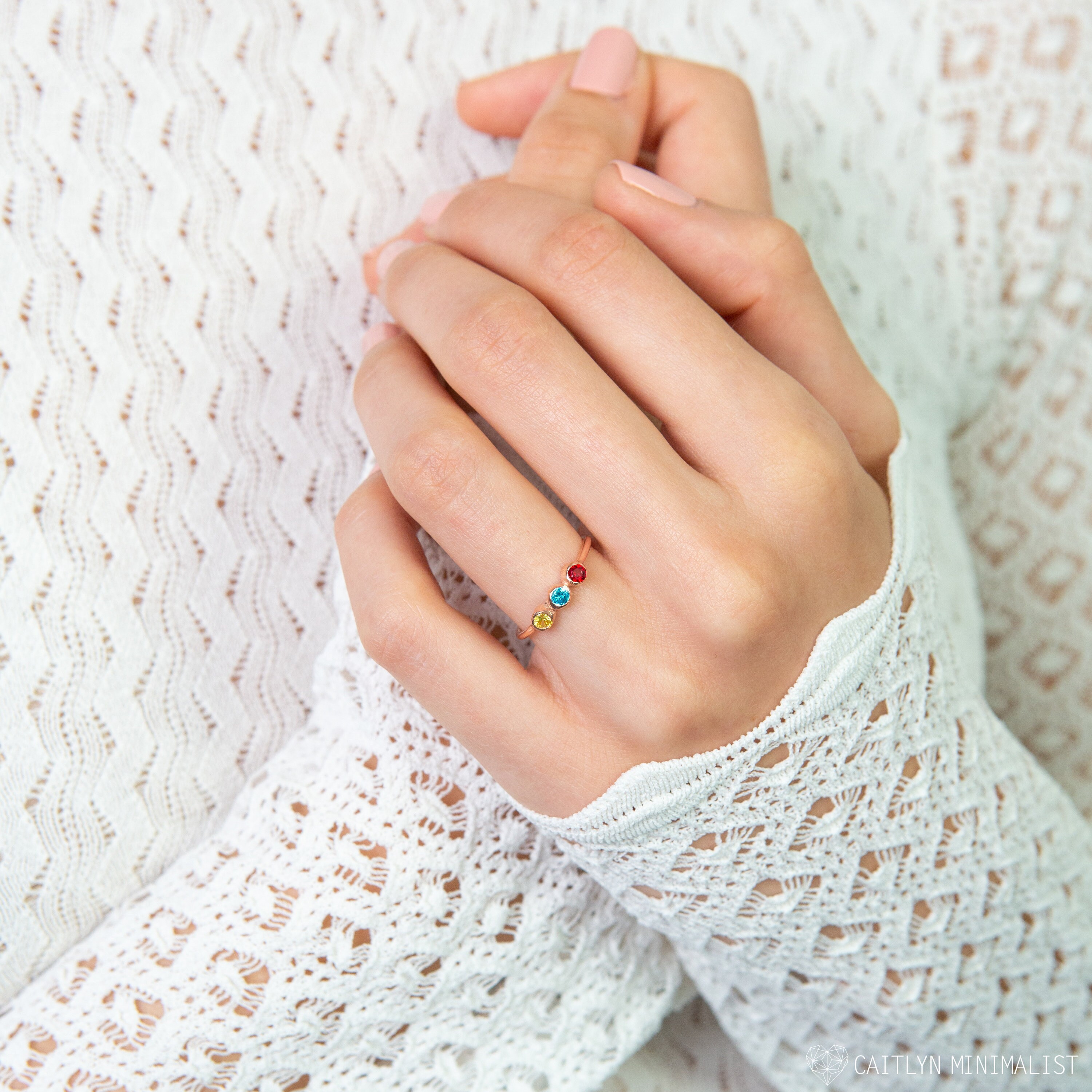 Custom Birthstone Ring Stackable Gemstone Personalized Gift For New Mother Triple Family Rh07