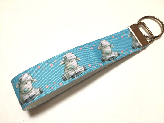 Keychain Blue With The Cutest Sheep Or Lamb Key Fob Wristlet 1" Wide