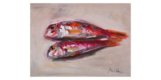 Red Mullet - Original Oil Painting, Paintings Food Seafood Small Little Still Life Fish Fishy Impressionist Foody Kitchen Art Realism Bright