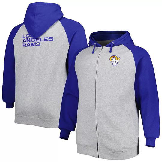 Men's Heather Gray Los Angeles Rams Big & Tall Fleece Raglan Full-Zip Hoodie Jacket, Size: 4XLT, Grey