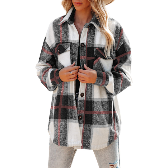 Womens Casual Plaid Shacket Wool Blend Button Down Long Sleeve Shirt Fall Jacket Shackets - black, M