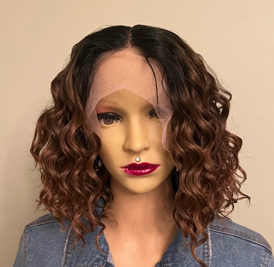 Short Curly Brown With Dark Roots Front Lace Human Hair Blend Daily Wig