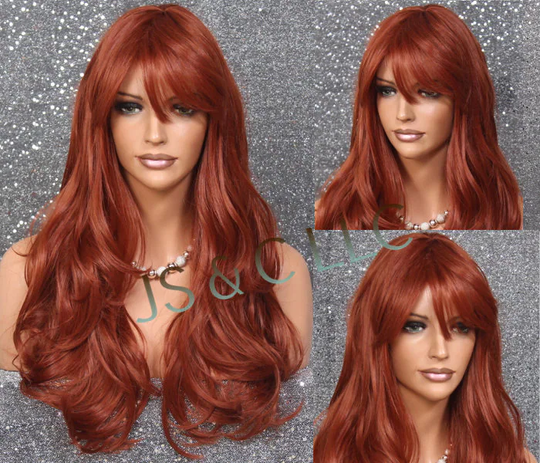 Copper Red/Red Auburn Human Hair Blend Wig Heat Safe Full Bangs Long & Wavy Cancer Alopecia Theather Cosplay