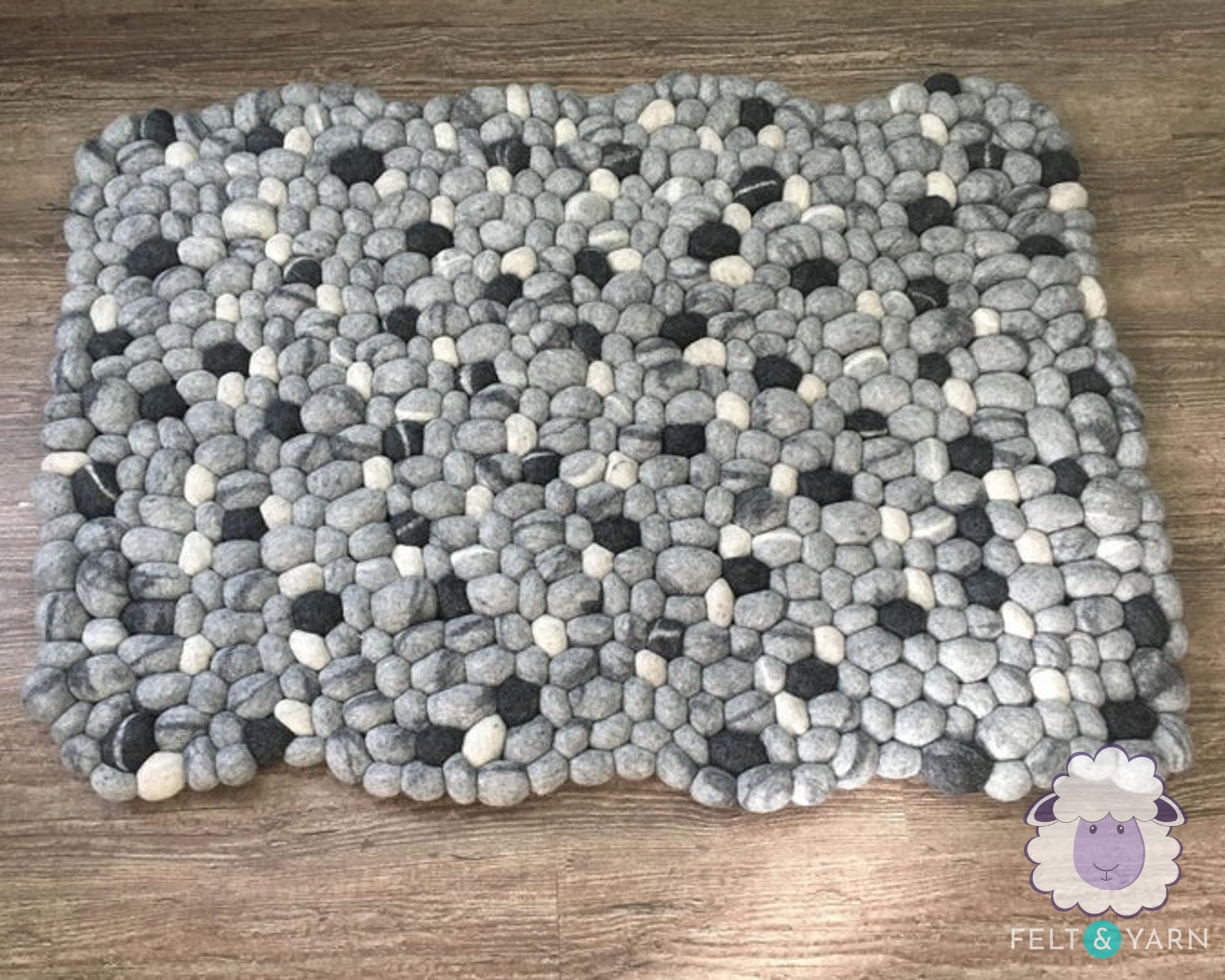 Wool Felt Pebble Rug Hand Made With Black, Grey & Cream Stones For Room Decor Starts 40 X 60cm