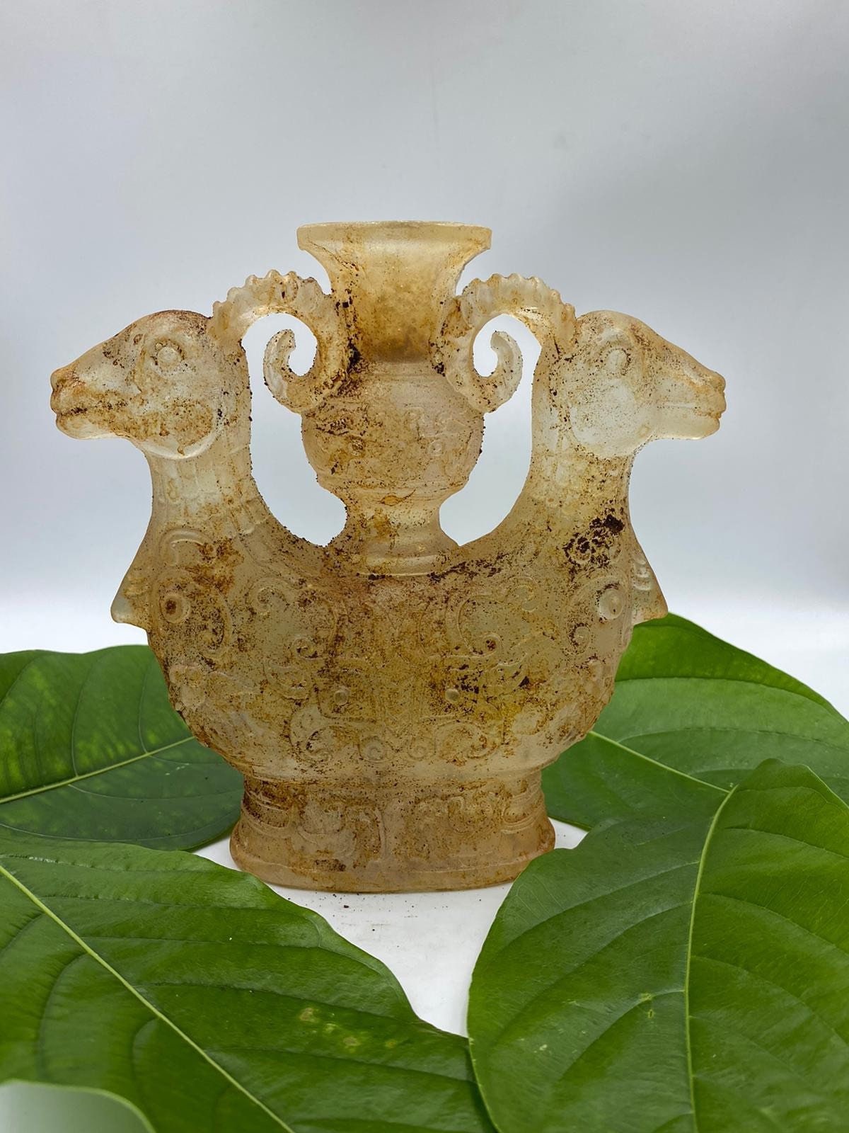 Beautiful Collectible Piece Ancient Old 2 Ram Head Glass Rhyton