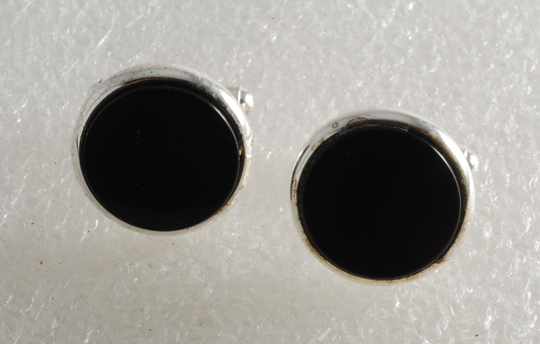 Vintage Black Jet Glass On Silver Plated Metal Men's Round Cuff Links Cufflinks Pre-Owned