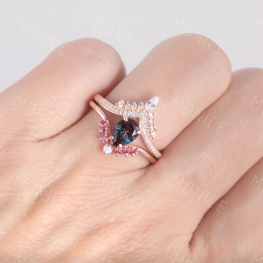 Vintage Alexandrite Engagement Ring Set Pear Shaped Rose Gold Wedding Unique Curved Ruby Stacking Band Promise