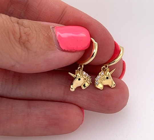 14K Solid Yellow Gold Kids Children Unicorn With Pink Cz Dangling Huggie Earrings