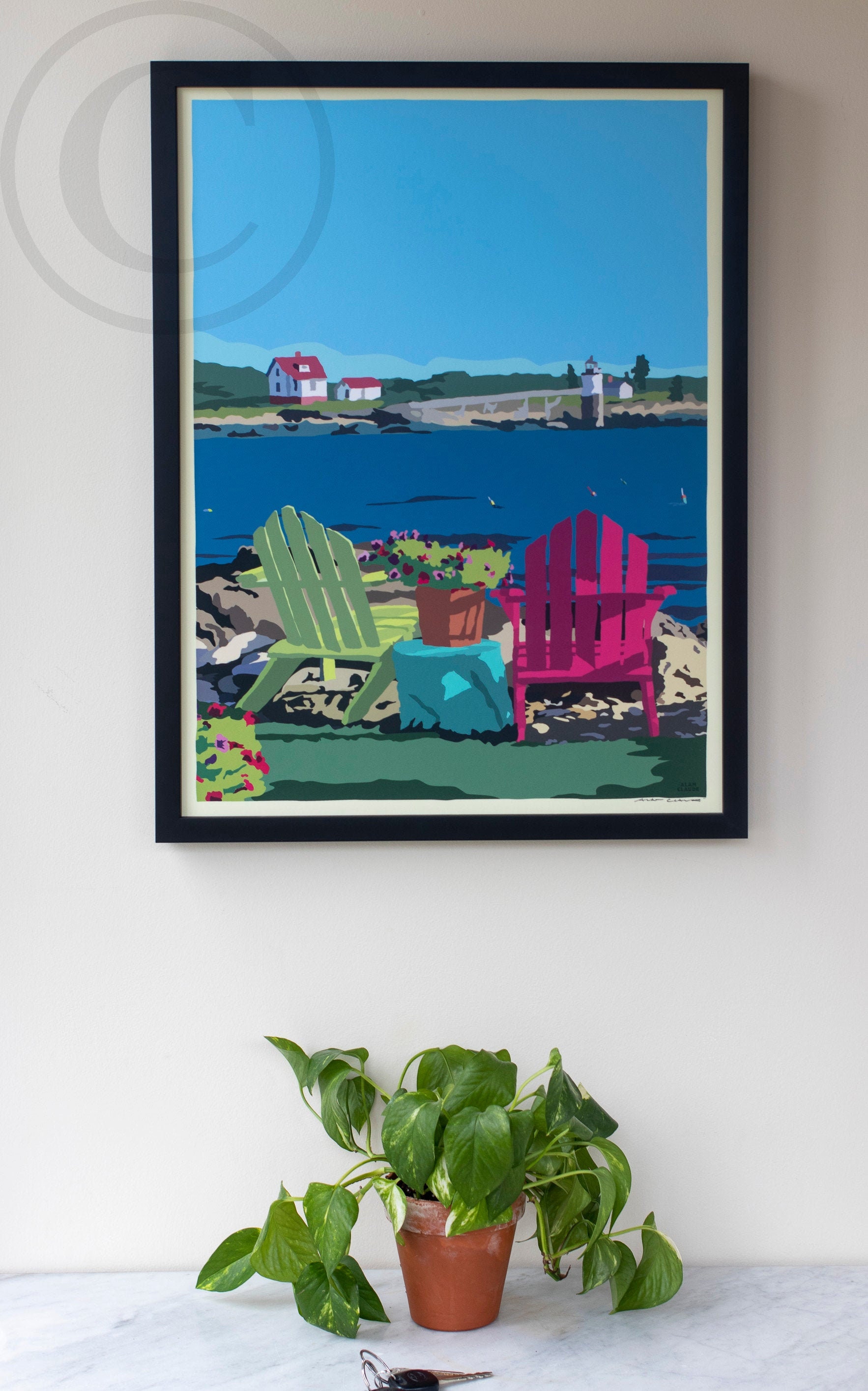 Chairs Over Ram Island Art Print 18 X 24 Framed Wall Poster By Alan Claude - Maine"