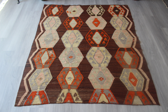Vintage Kilim, Earth Coloured Ethnic Kilim Rug, Bohemian Anatolian, Rug/N-639 5'x6' Feet