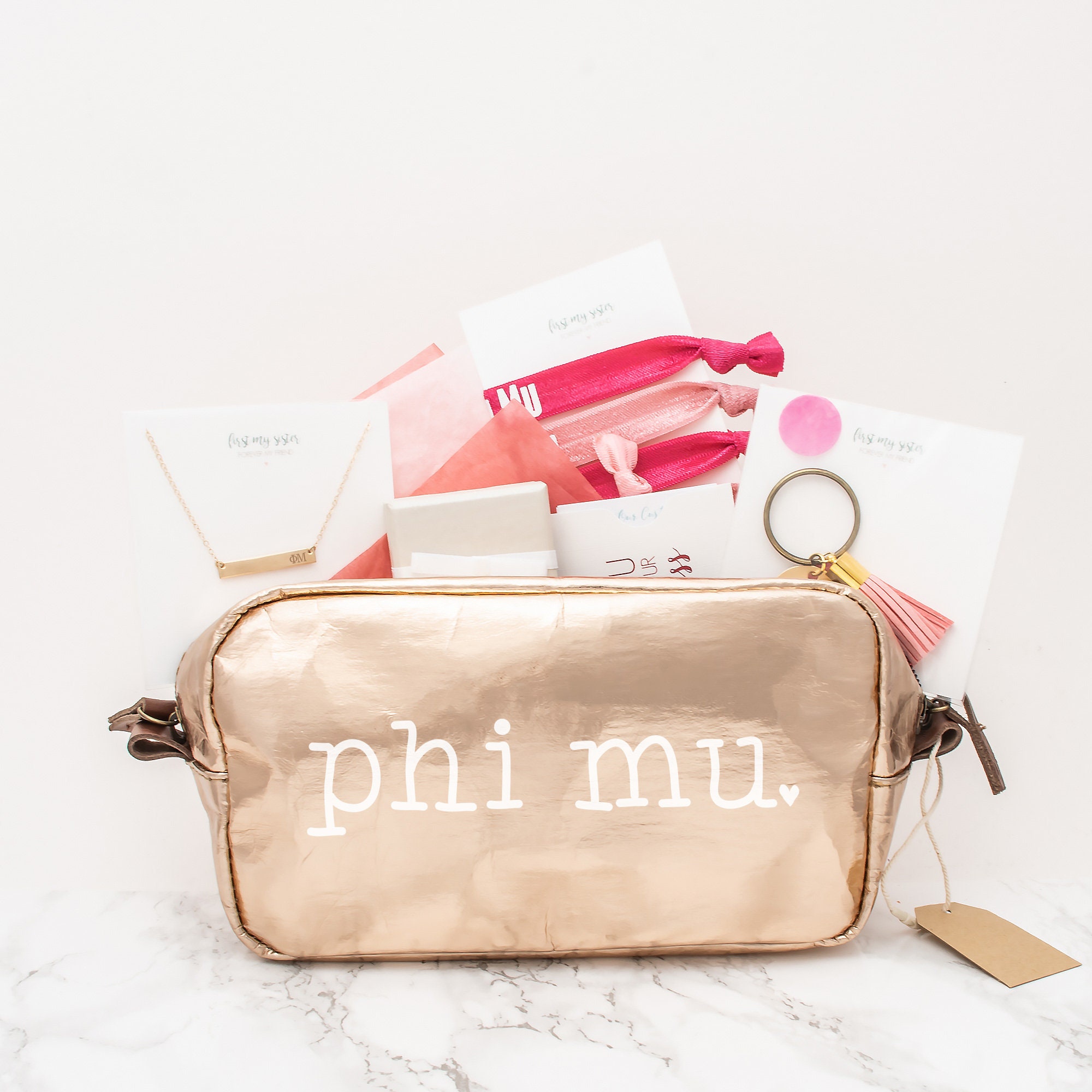 Phi Mu Gift Set, Sorority Gifts Bundle, Greek Pack With Accessories Bag, Bar Necklace, Rings, Hair Ties & Keychain
