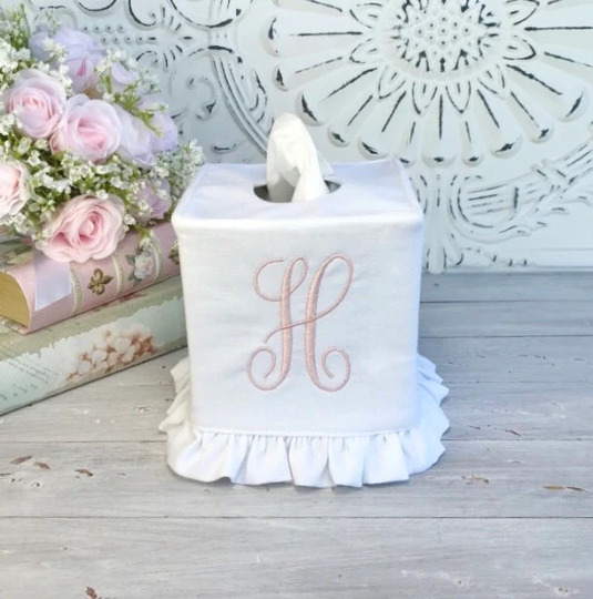 Monogram Linen/Cotton Blend Ruffle Tissue Box Cover