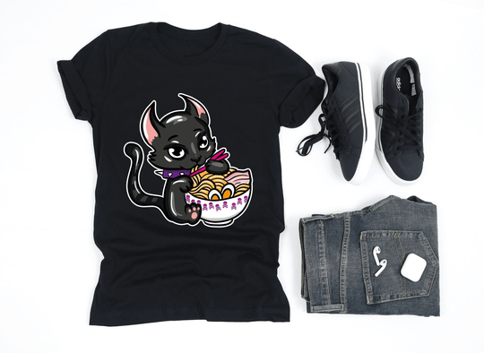Gothic Cat Eating Ramen Shirt, Lover Cat, Gift, Lady Gifts, V-Neck, Tank Top, Sweatshirt, Hoodie