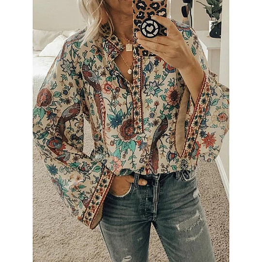 White Long Sleeve Floral Cotton-Blend Floral-Print Shirts - White, L
