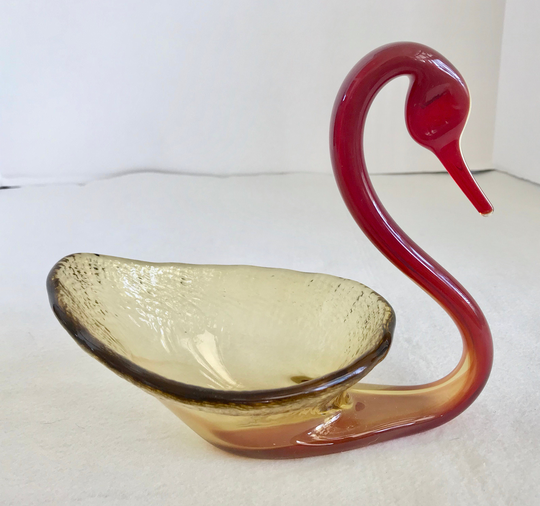 Fostoria/Sooner(? Blown Art Glass Red & Amber Swan Candy Dish