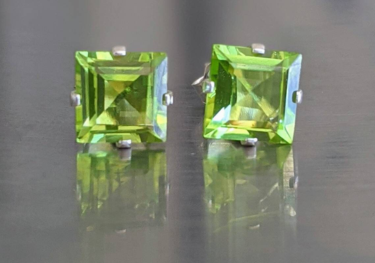 Peridot Stud Earrings 5mm Sterling Silver Princess Cut Studs Womens Birthday Gift Naturally Mined Genuine Gemstone Fast Shipping