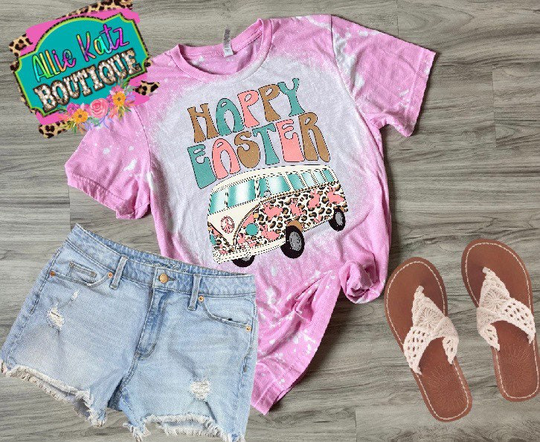 Happy Easter Leopard Van Bleached T-Shirt/Religous Tee/ Bunny Shirt