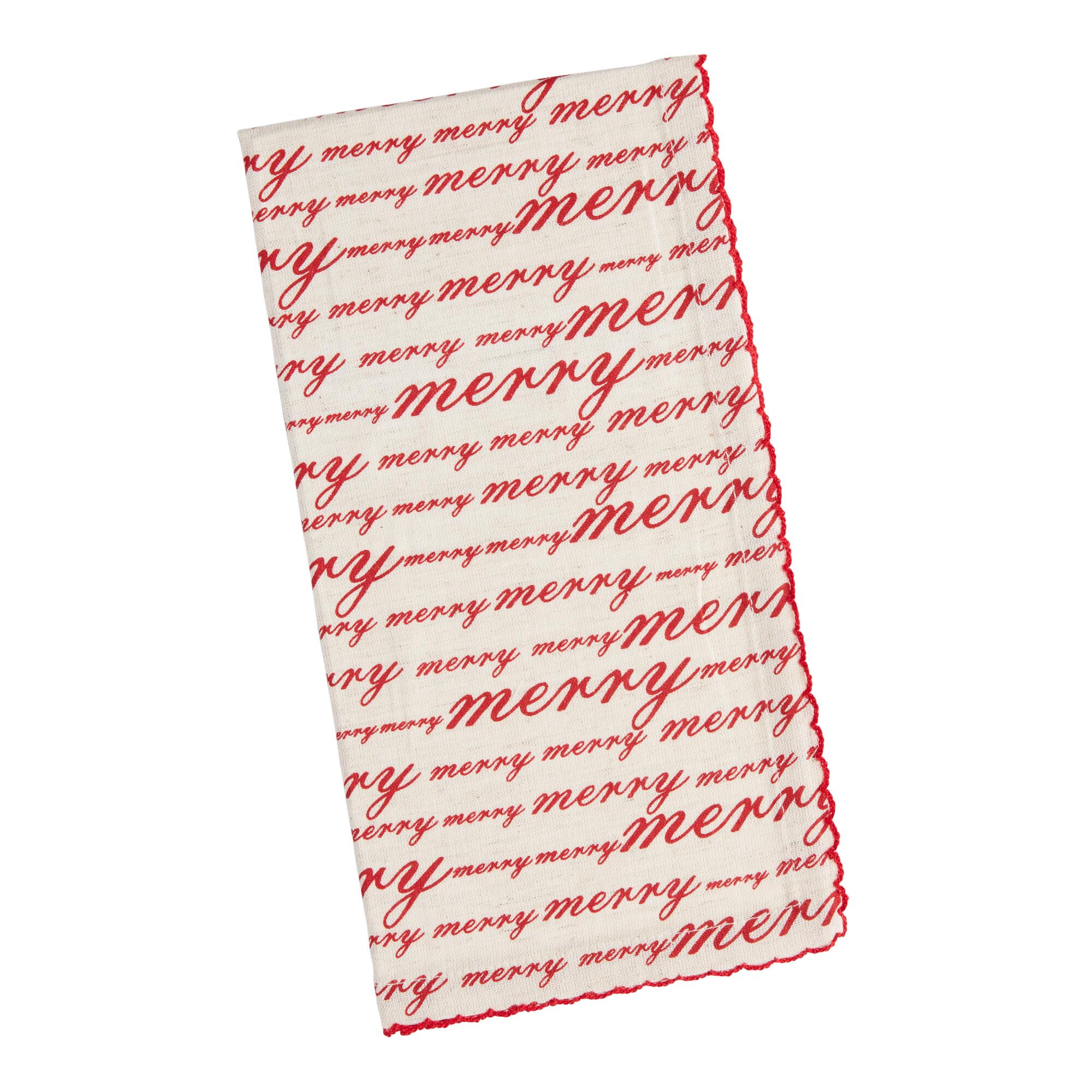 Pier Place Red and Natural Merry Script Napkins Set of 4: Red/White - Cotton by World Market