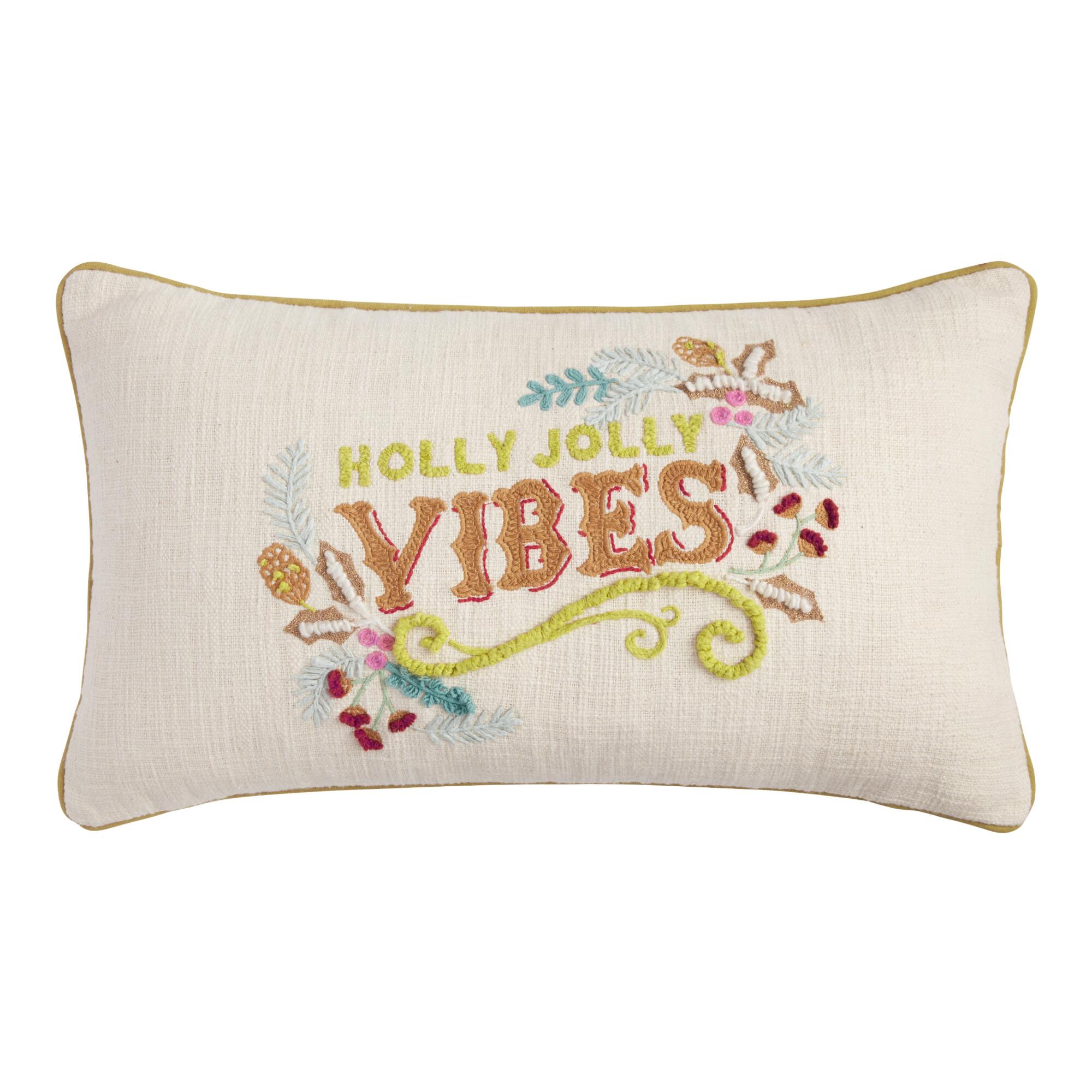 Holly Jolly Vibes Embroidered Lumbar Pillow by World Market