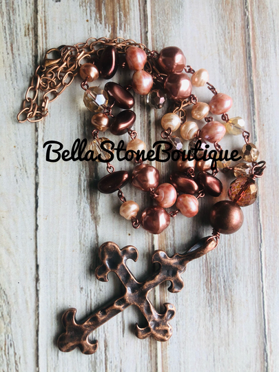 Czech Pearl Cross/Boho Glass Cross /Pink Brown Cream Cross/Hand Beaded Czech Necklace/Brown Earth Tone Tassel/Cross Jewelry