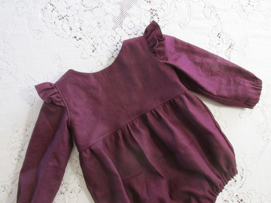 Burgundy Long Sleeve Linen-Blend Romper - Fall Outfit Styles Plum Dark Purple Baby Girl Toddler Child Vintage-Style Bubble