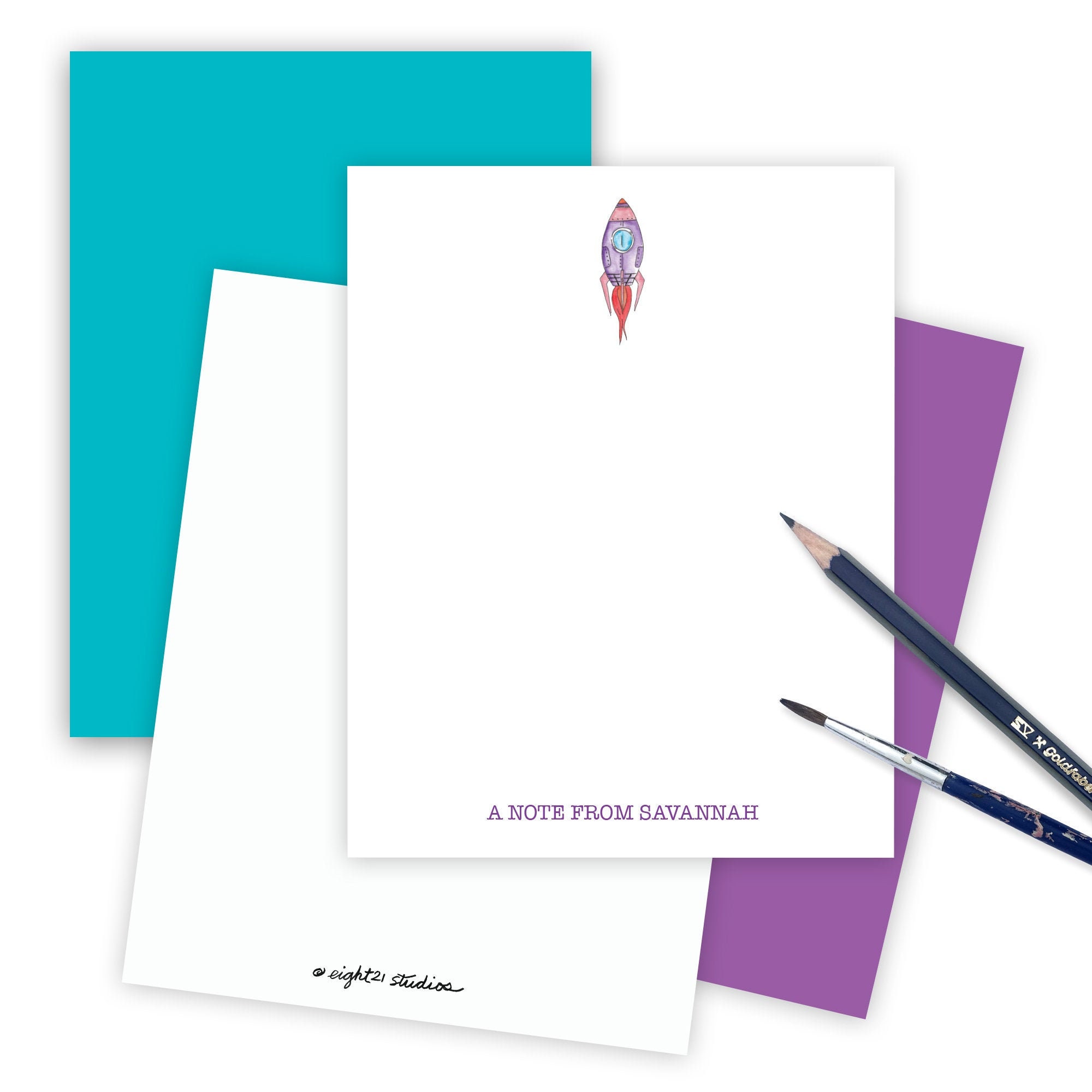 Rocket Personalized Stationery For Girls, Space Ship Set Of 12 With Matching Colored Envelopes Rocketship Flat Notecards Girls